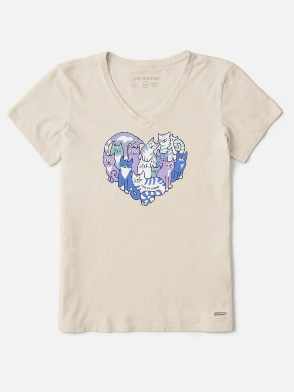 Women's Life is Good Heart Of Cats Putty White SS Crusher Vee Sz M